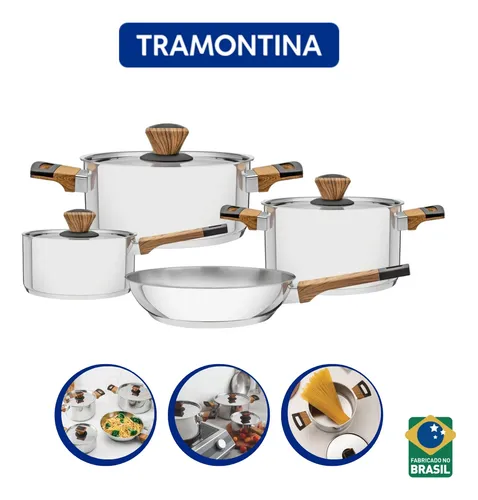 Jogo de Panelas Aço Inox com Fundo Triplo e Cabos de Baquelite com Efeito Madeira – 5 Peças